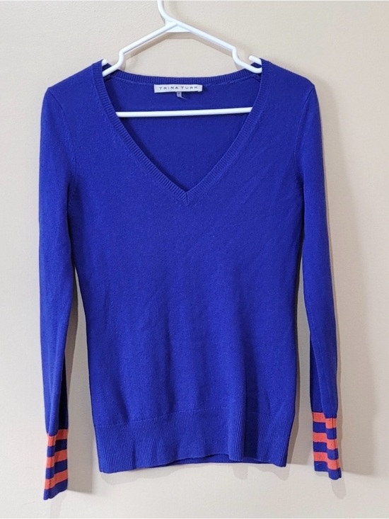 Trina Turk Sweaters - Trina Turk Cobalt V-Neck Sweater with Orange Stripe Cuffs